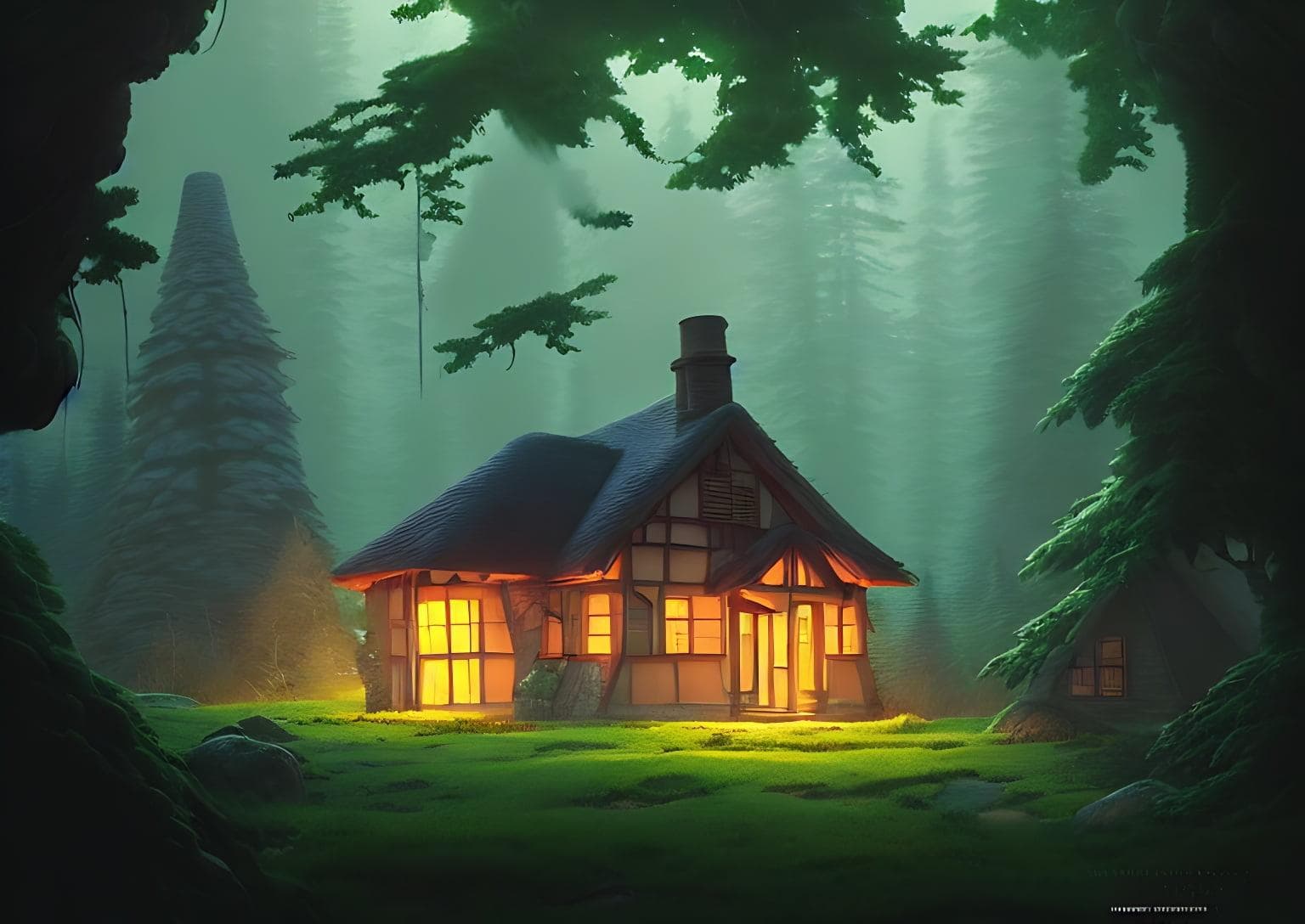 A Highly Detailed Matte Painting Of Cottage In A Dark Forest