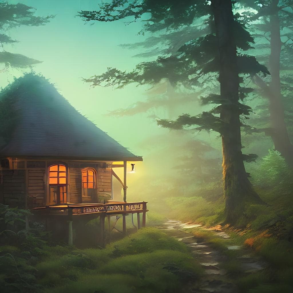 A Highly Detailed Matte Painting Of Cottage In A Dark Forest