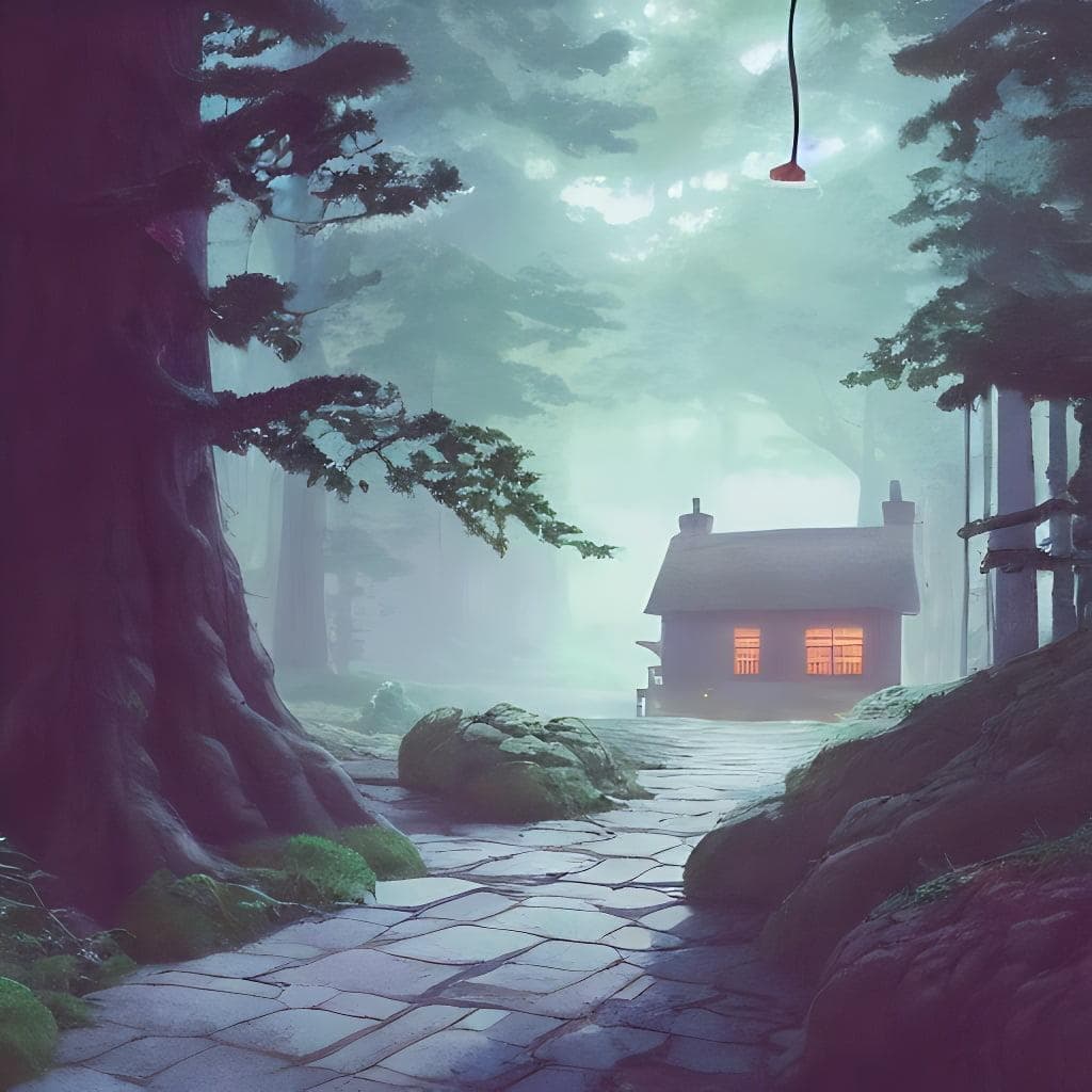 A Highly Detailed Matte Painting Of Cottage In A Dark Forest