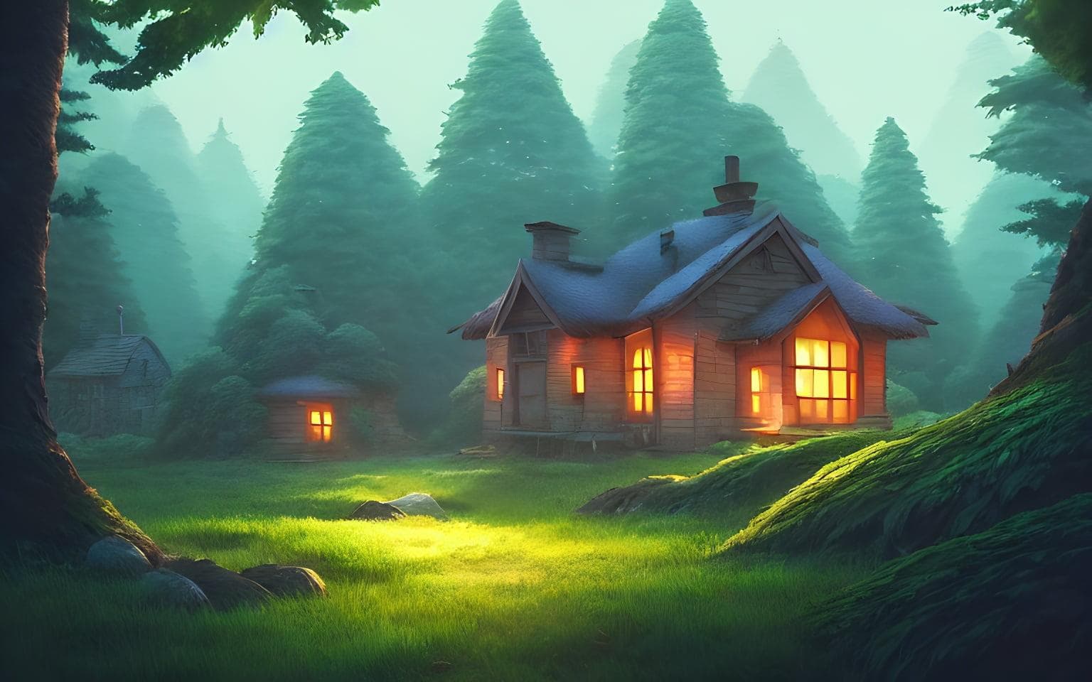 A Highly Detailed Matte Painting Of Cottage In A Dark Forest