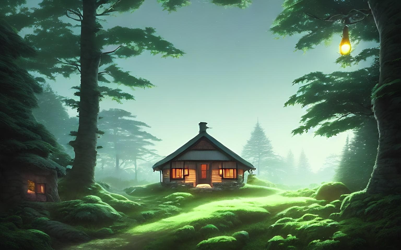 A Highly Detailed Matte Painting Of Cottage In A Dark Forest