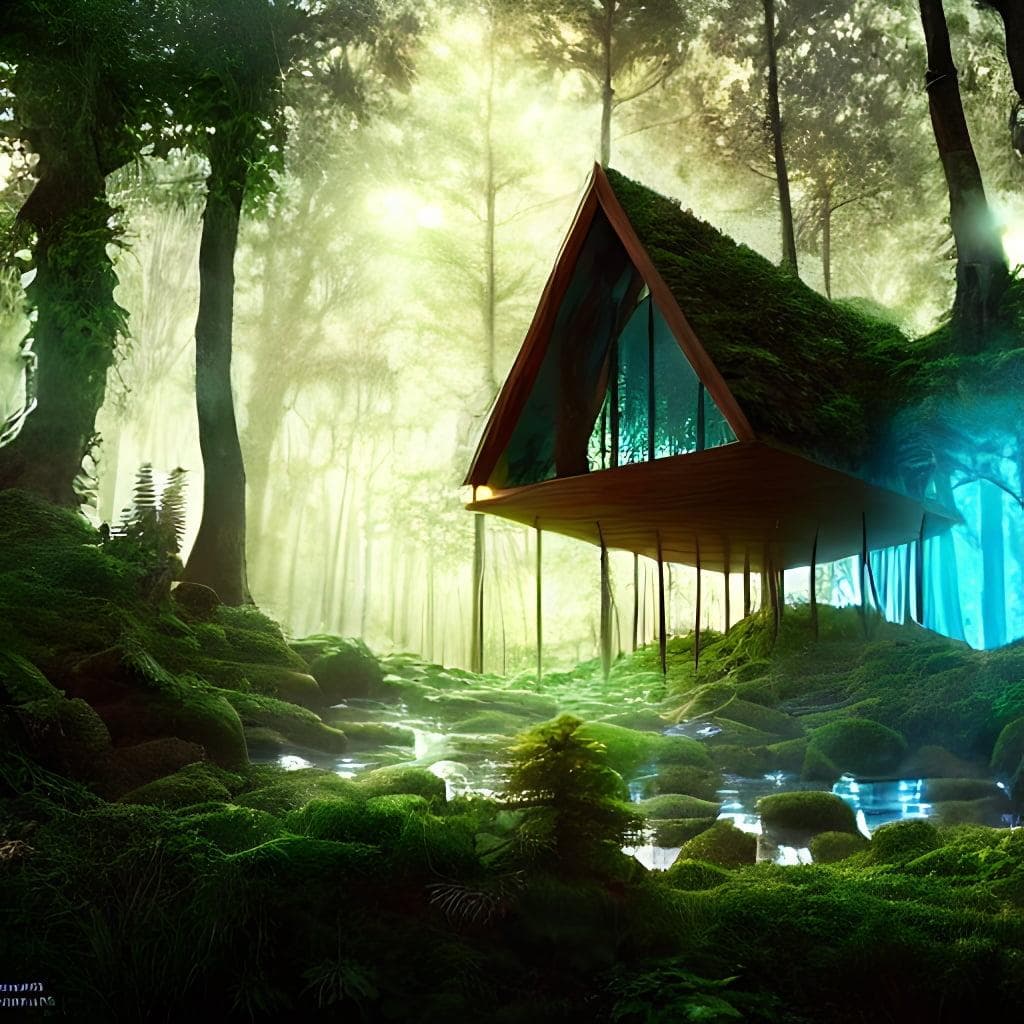 A house made of glass in a beautiful fantasy forest