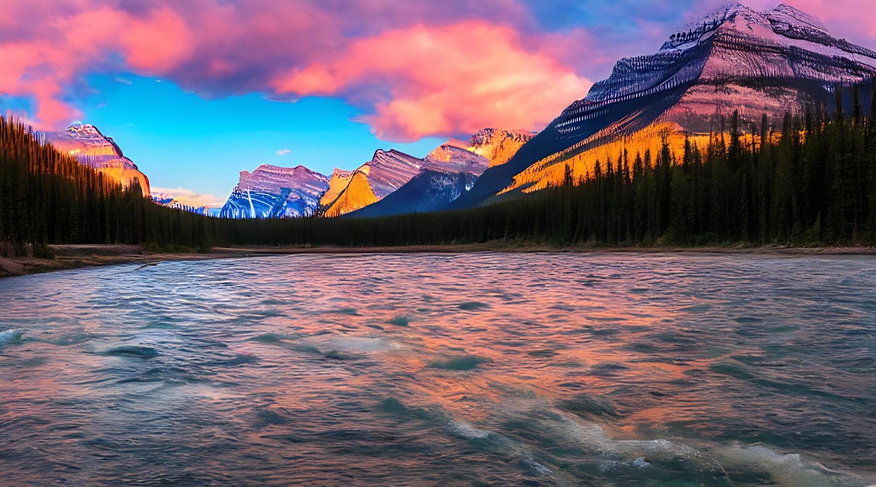 A Photo Of The Bow River At Sunset In Banff National Park In Alberta