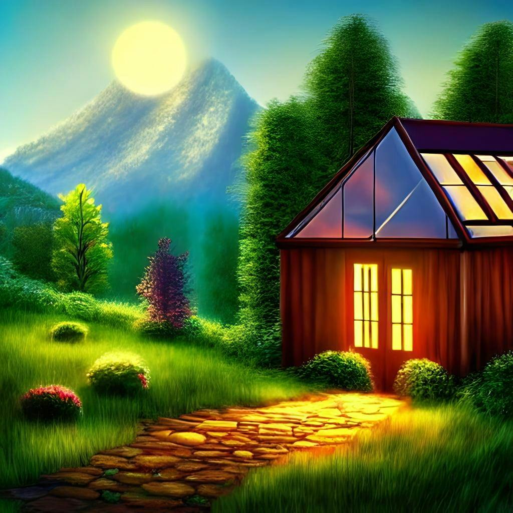 A small cosy house and a greenhouse side by side next to a forest
