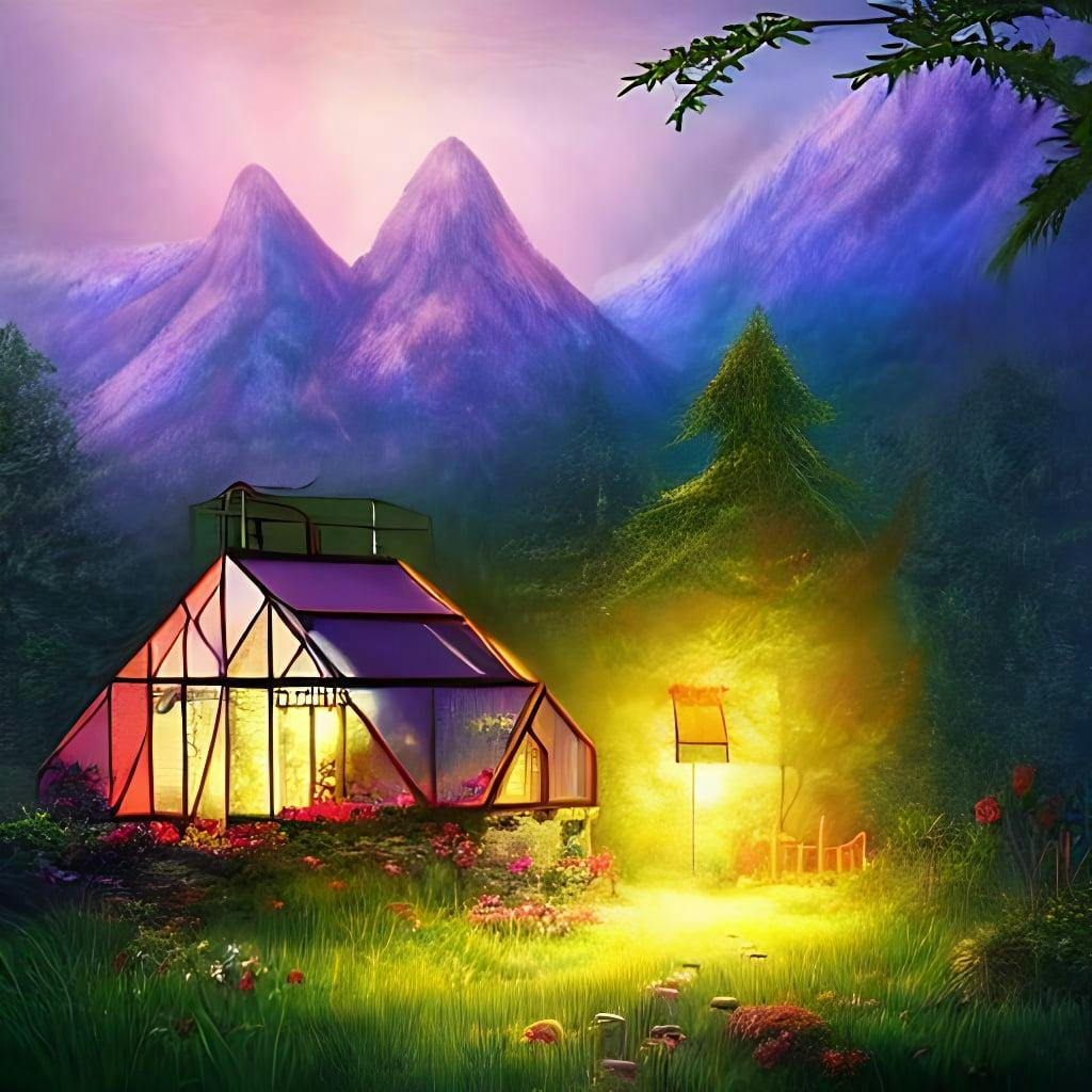 A Small Cosy House And A Greenhouse Side By Side Next To A Forest