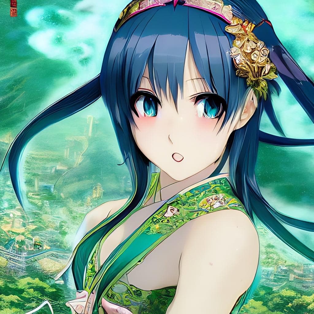 Adult girl with long aqua glass hair