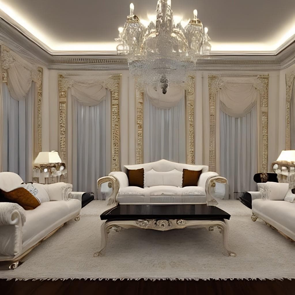 An expensive interior architecture of a home with polished white marble furniture