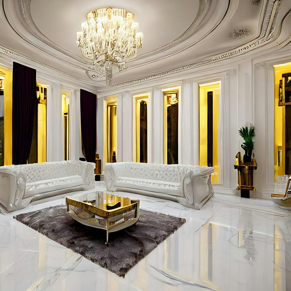 An Expensive Interior Architecture Of A Home With Polished White Marble Furniture