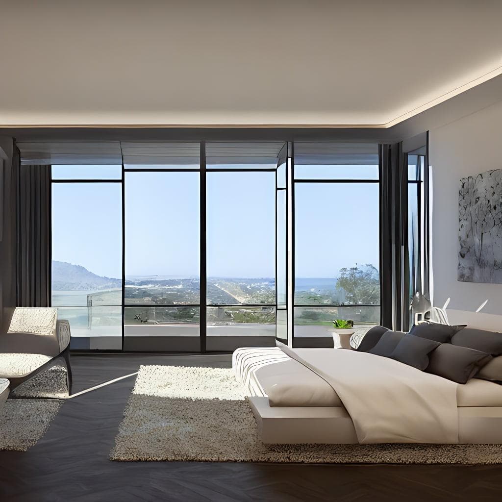 Bedroom interior of a modern house with glassy stone furniture