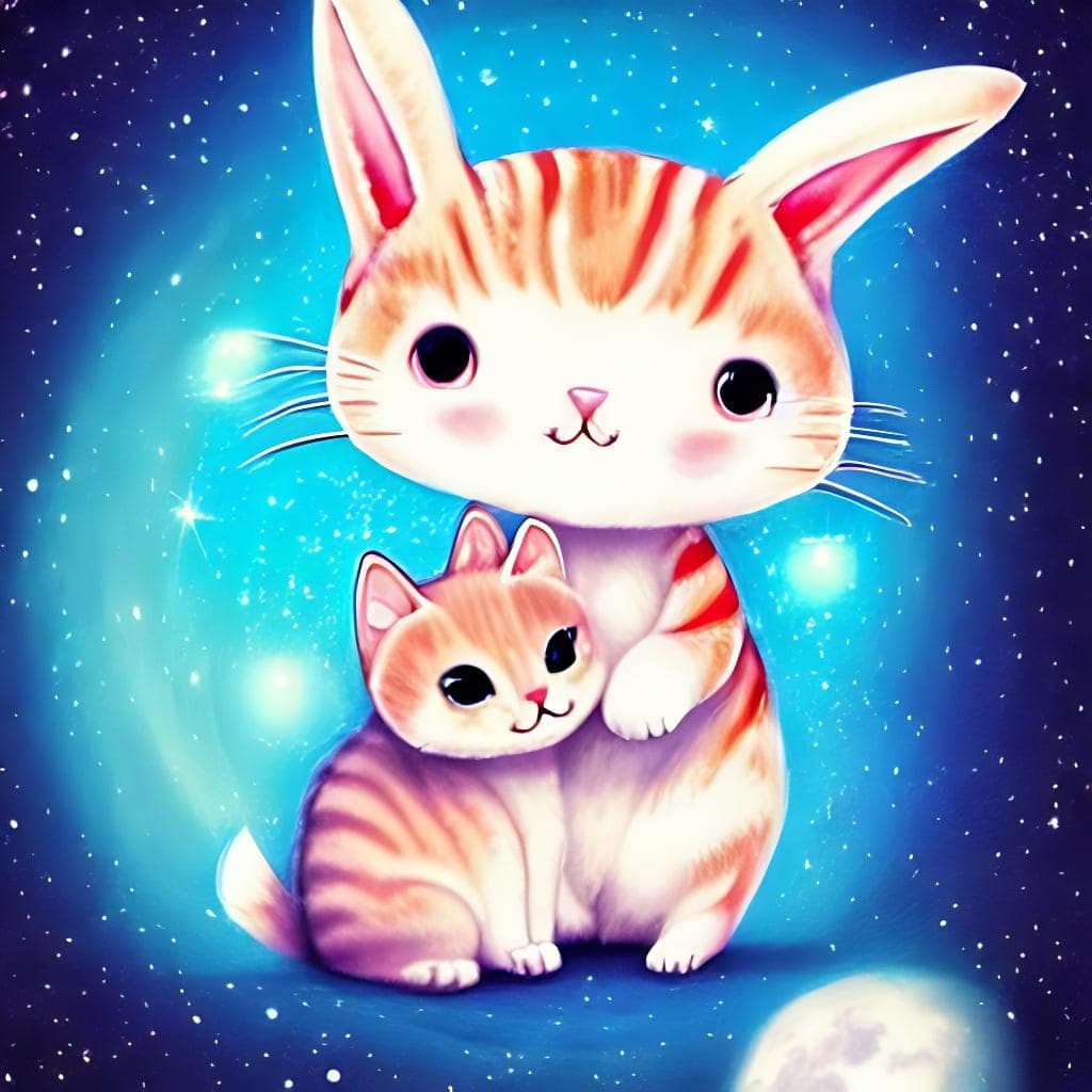 Cute Kawaii Cat Huggin A Bunny