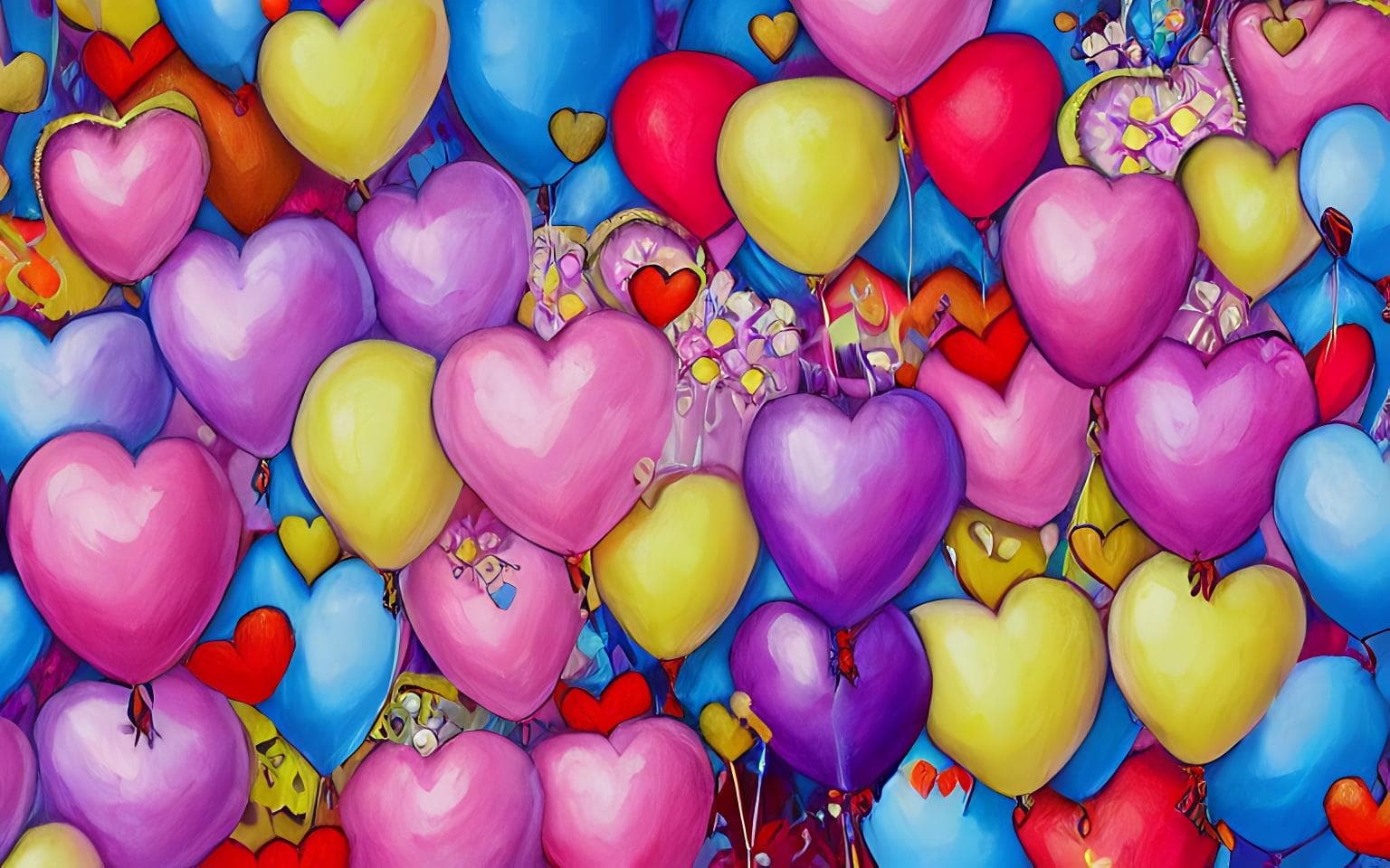 Detailed Painting That Is Beautiful And Whimsical With Cotton Candy Clouds And Balloon Hearts And Flowers Inside