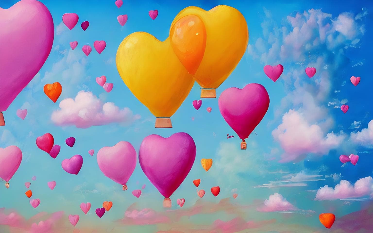 Detailed Painting That Is Beautiful And Whimsical With Cotton Candy Clouds And Balloon Hearts And Flowers Inside