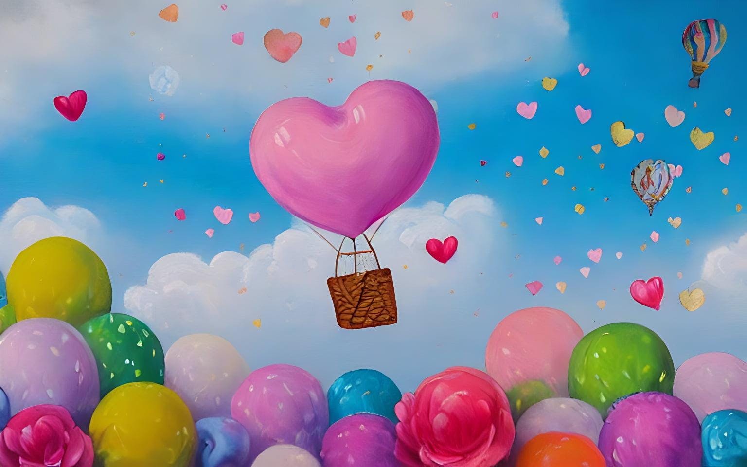 Detailed Painting That Is Beautiful And Whimsical With Cotton Candy Clouds And Balloon Hearts And Flowers Inside