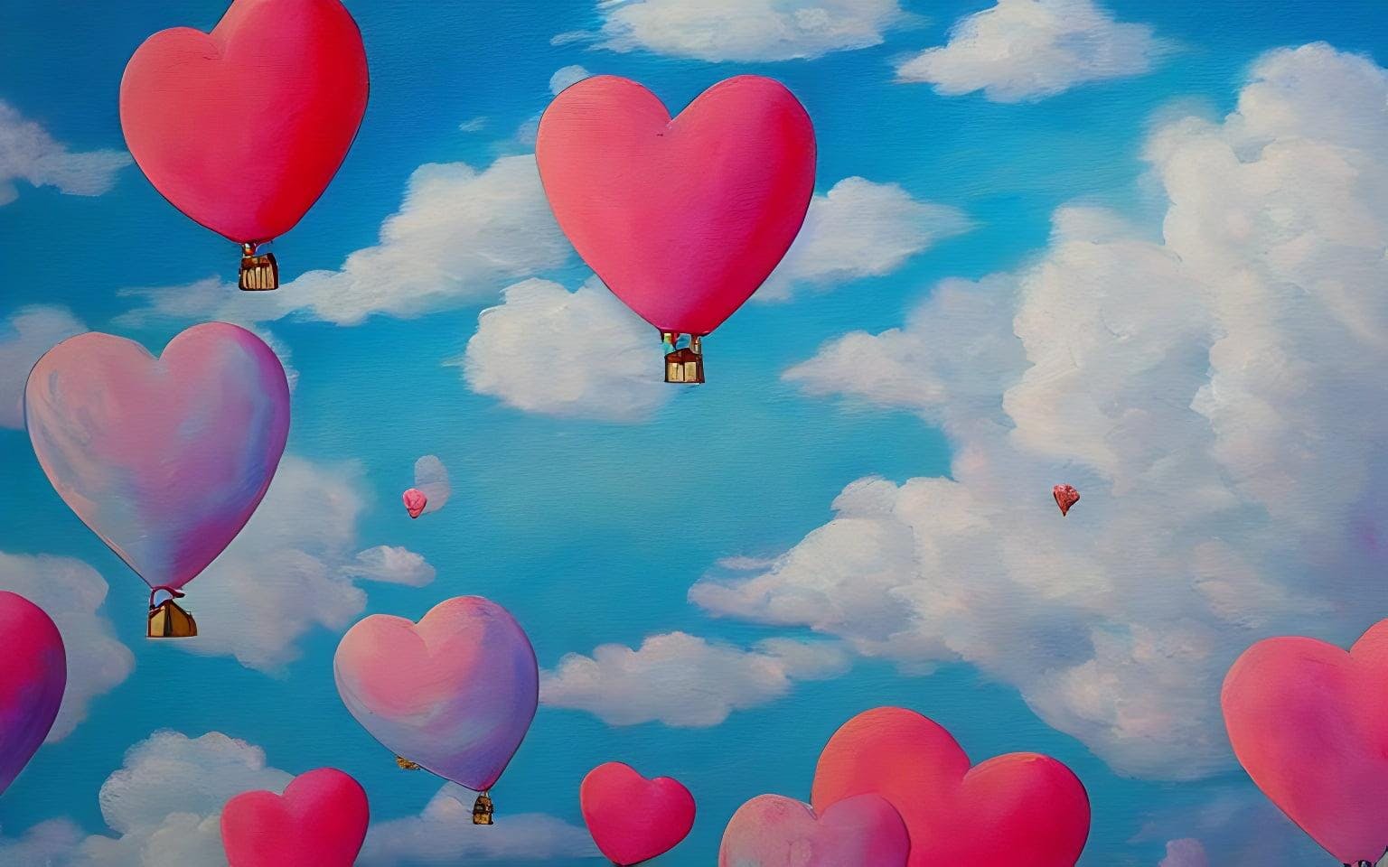 Detailed Painting That Is Beautiful And Whimsical With Cotton Candy Clouds And Balloon Hearts And Flowers Inside