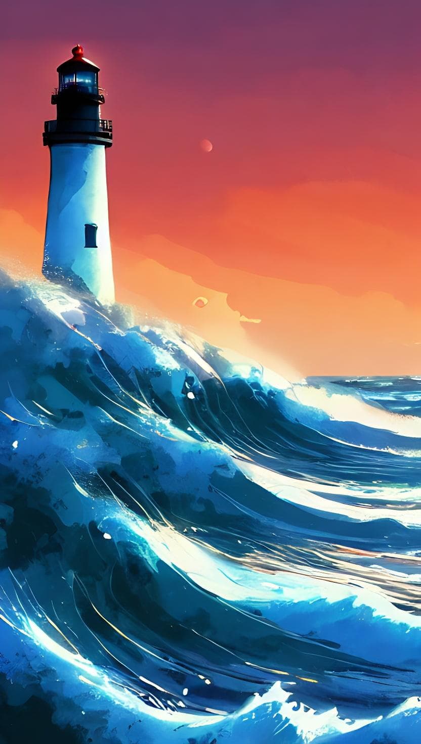 Digital Painting Of Majestic Waves Crashing Against A Tall Lit Lighthouse In The Distance At Dawn