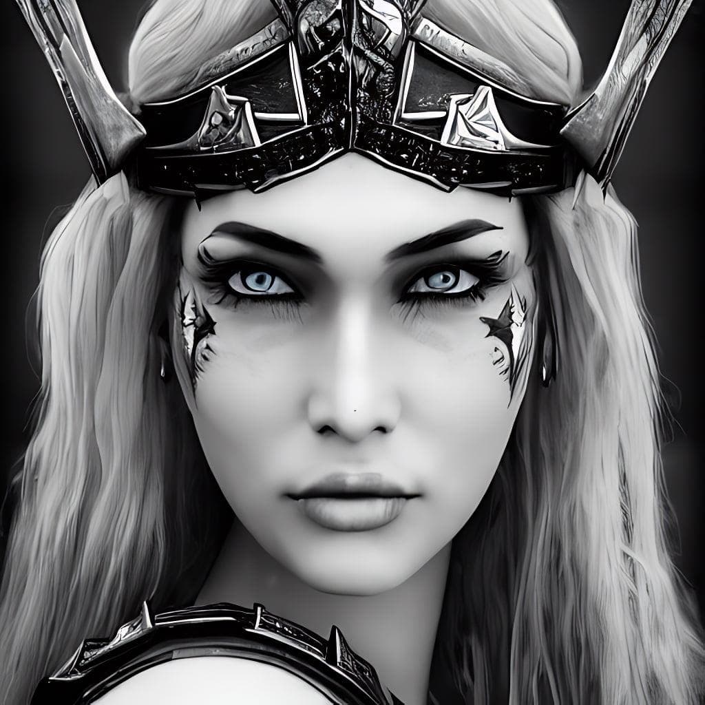 Gorgeous Valkyrie| (detailed Face With War Paint)| ((black Eyeliner))| Dark Background| Hyperrealistic| Highly Detailed| Intricate| Cinematic Lighting| Greyscale| Midjourney Style