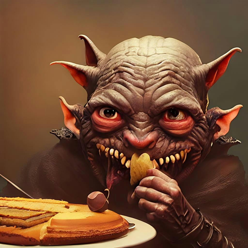 Highly Detailed Closeup Portrait Of A Medieval Goblin Eating Cakes