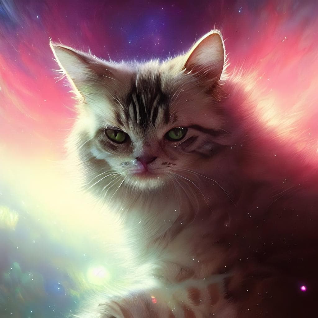 Highly detailed portrait of fluffy cat in space nebula