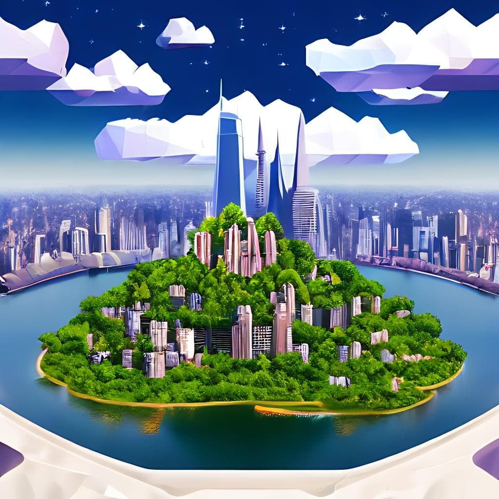 Low poly art of a round floating island surrounded by waterfalls in the sky with the skyscrapers of new york on it