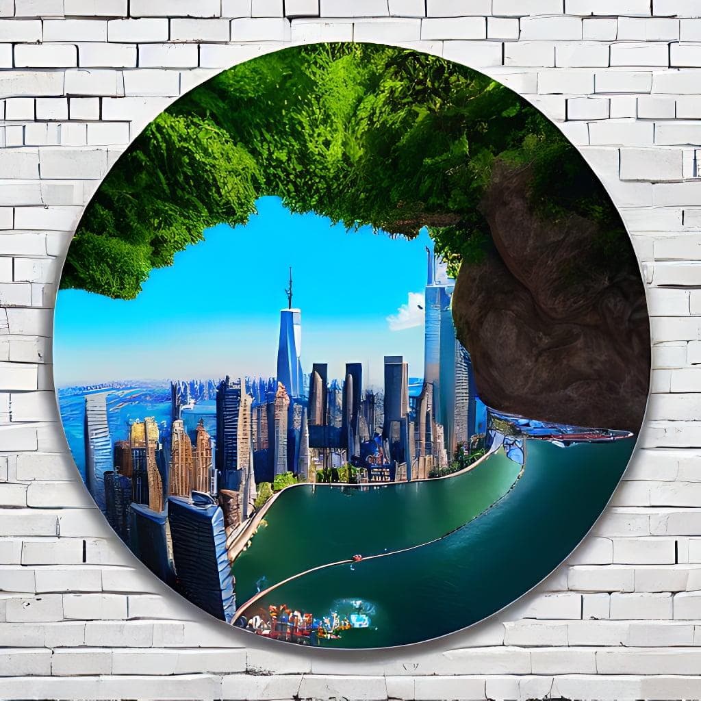 Low Poly Art Of A Round Floating Island Surrounded By Waterfalls In The Sky With The Skyscrapers Of New York On It