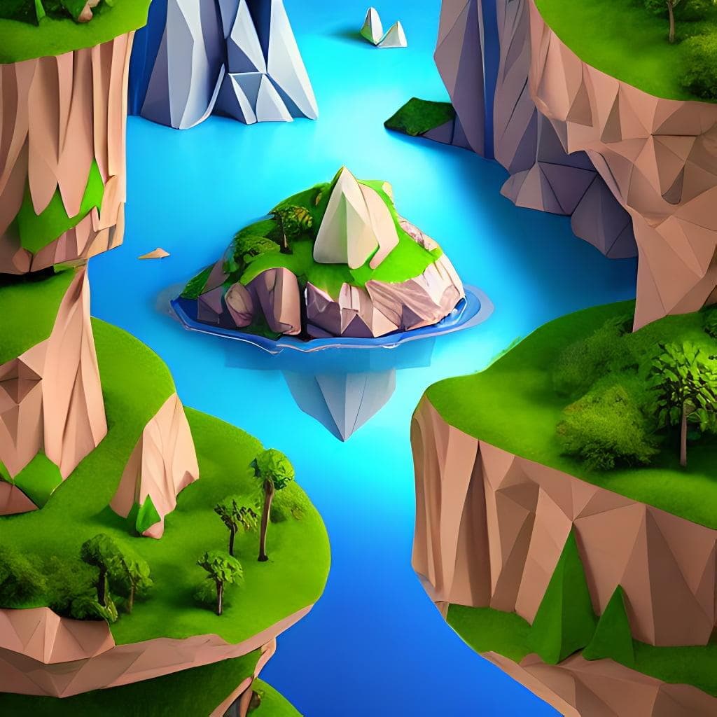 Low Poly Art Of A Round Floating Island Surrounded By Waterfalls In The Sky With The Skyscrapers Of New York On It