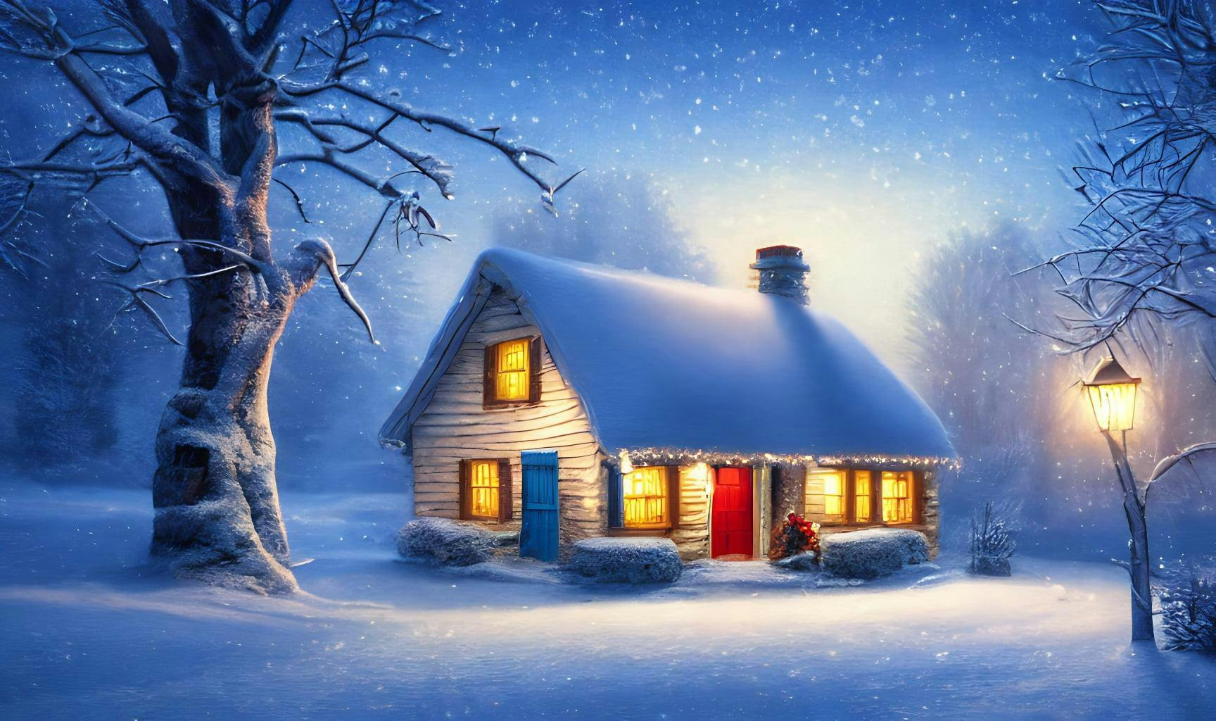 Photorealistic Cold Frigid Winter Night In A Small Cottage By Shady Safari And Thomas Kinkade With An Atmospheric Blue Hazy Hue Midnight Before Christmas Cinematic Scene