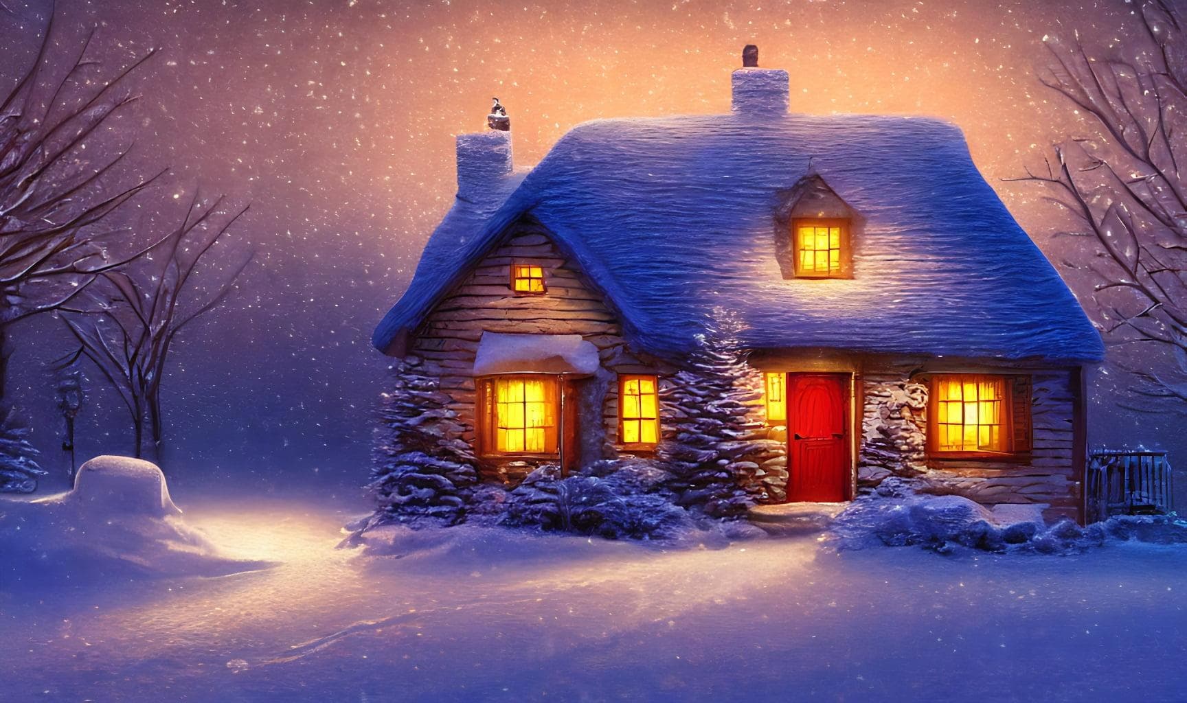 Photorealistic Cold Frigid Winter Night In A Small Cottage By Shady Safari And Thomas Kinkade With An Atmospheric Blue Hazy Hue Midnight Before Christmas Cinematic Scene