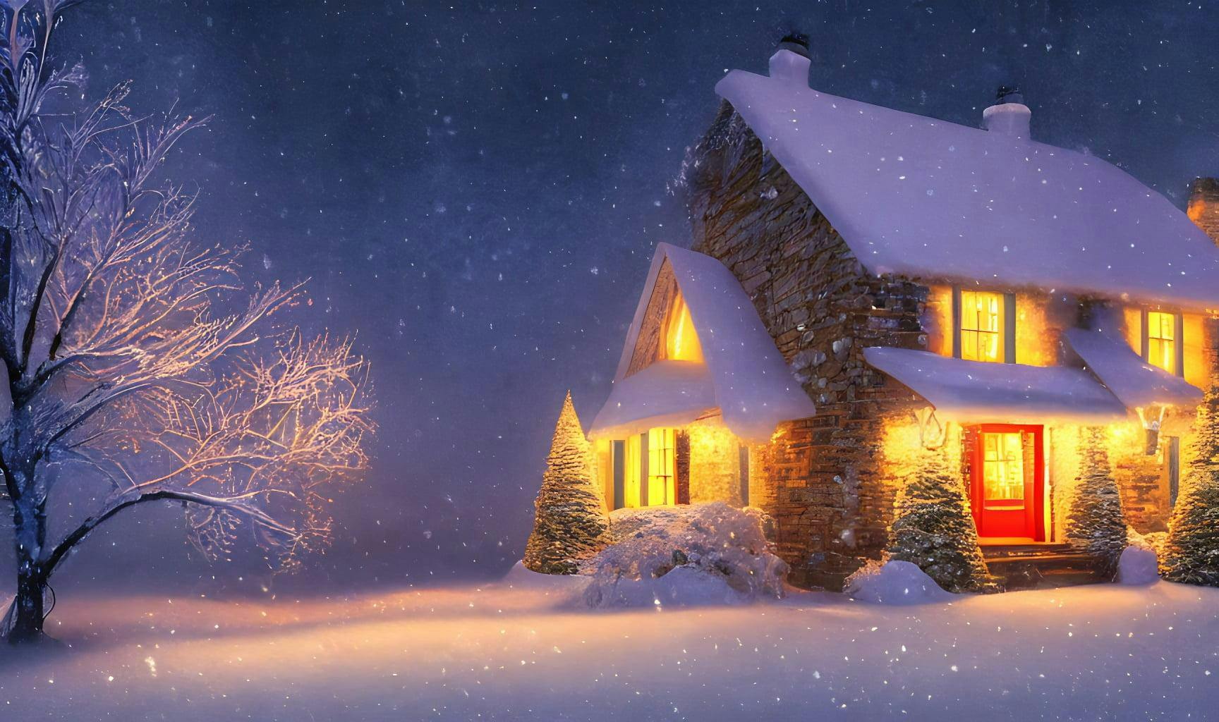 Photorealistic Cold Frigid Winter Night In A Small Cottage By Shady Safari And Thomas Kinkade With An Atmospheric Blue Hazy Hue Midnight Before Christmas Cinematic Scene