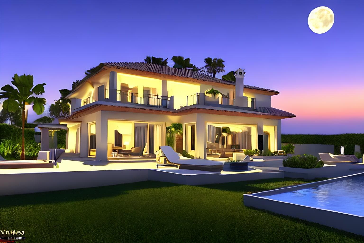 Photorealistic very detailed villa at the coast with moon in the background breaking light