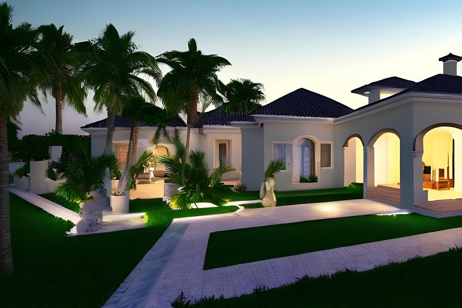 Photorealistic Very Detailed Villa At The Coast With Moon In The Background Breaking Light