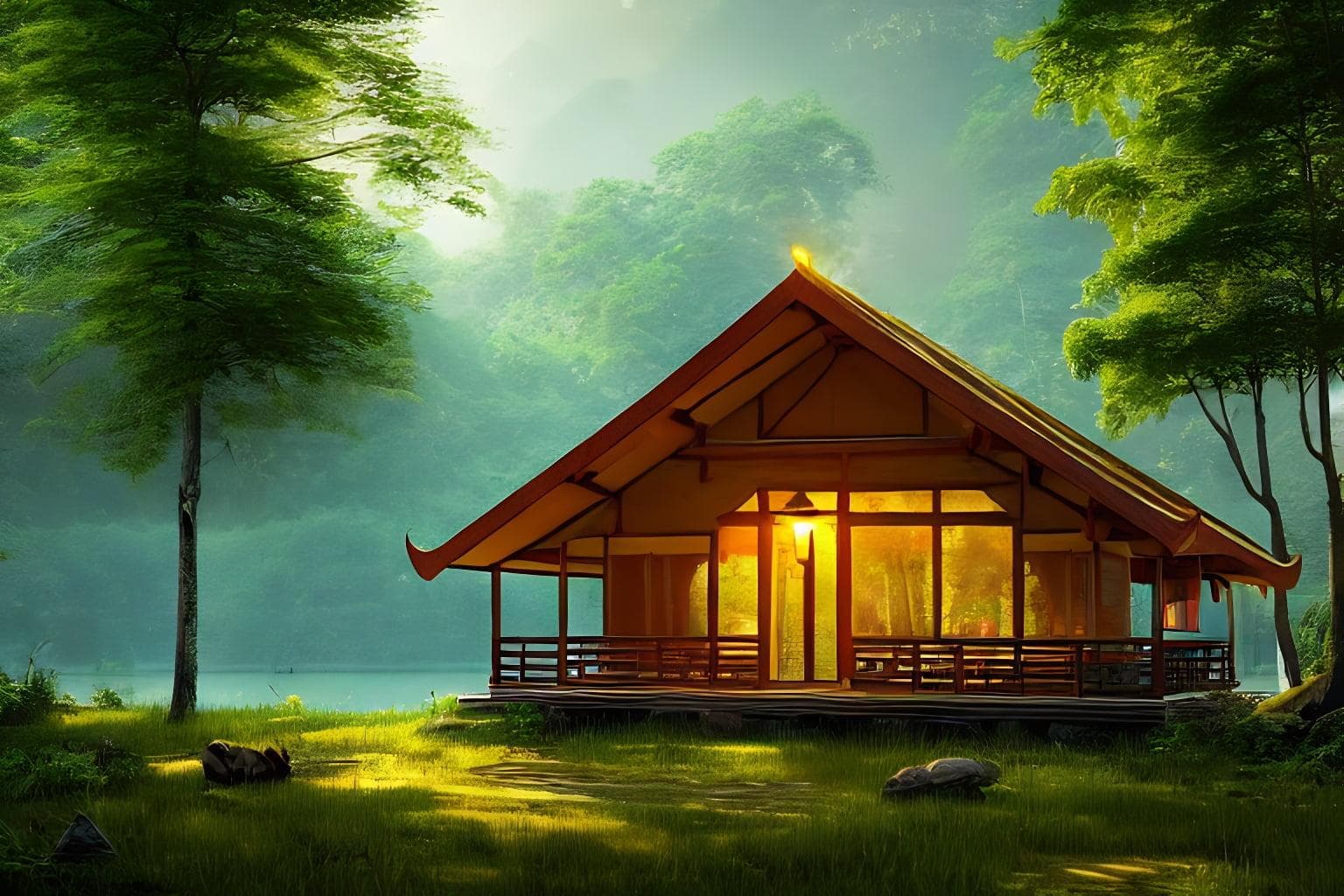 Thai Style Log Cabin In The Woods By The Lake