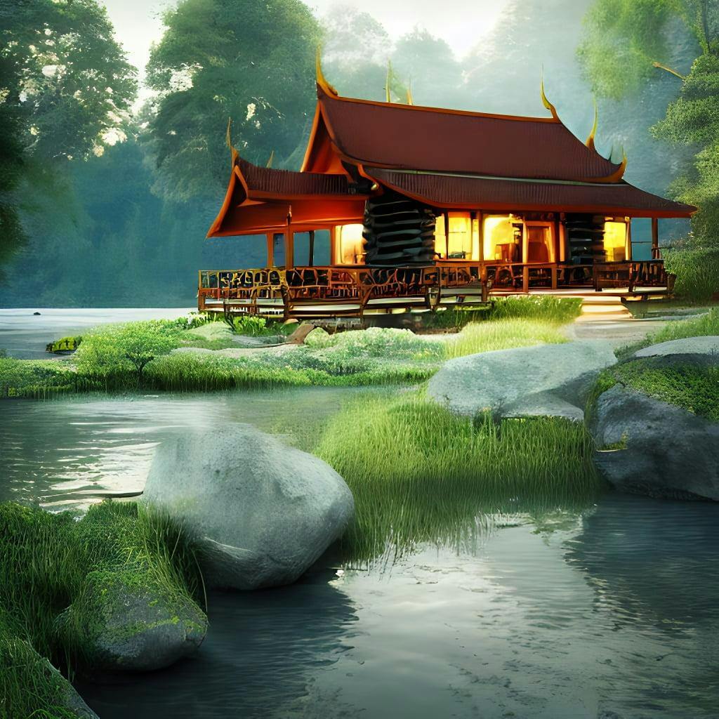 Thai Style Log Cabin In The Woods By The Lake