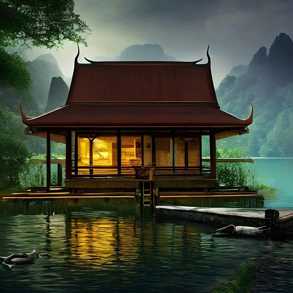 Thai Style Log Cabin In The Woods By The Lake