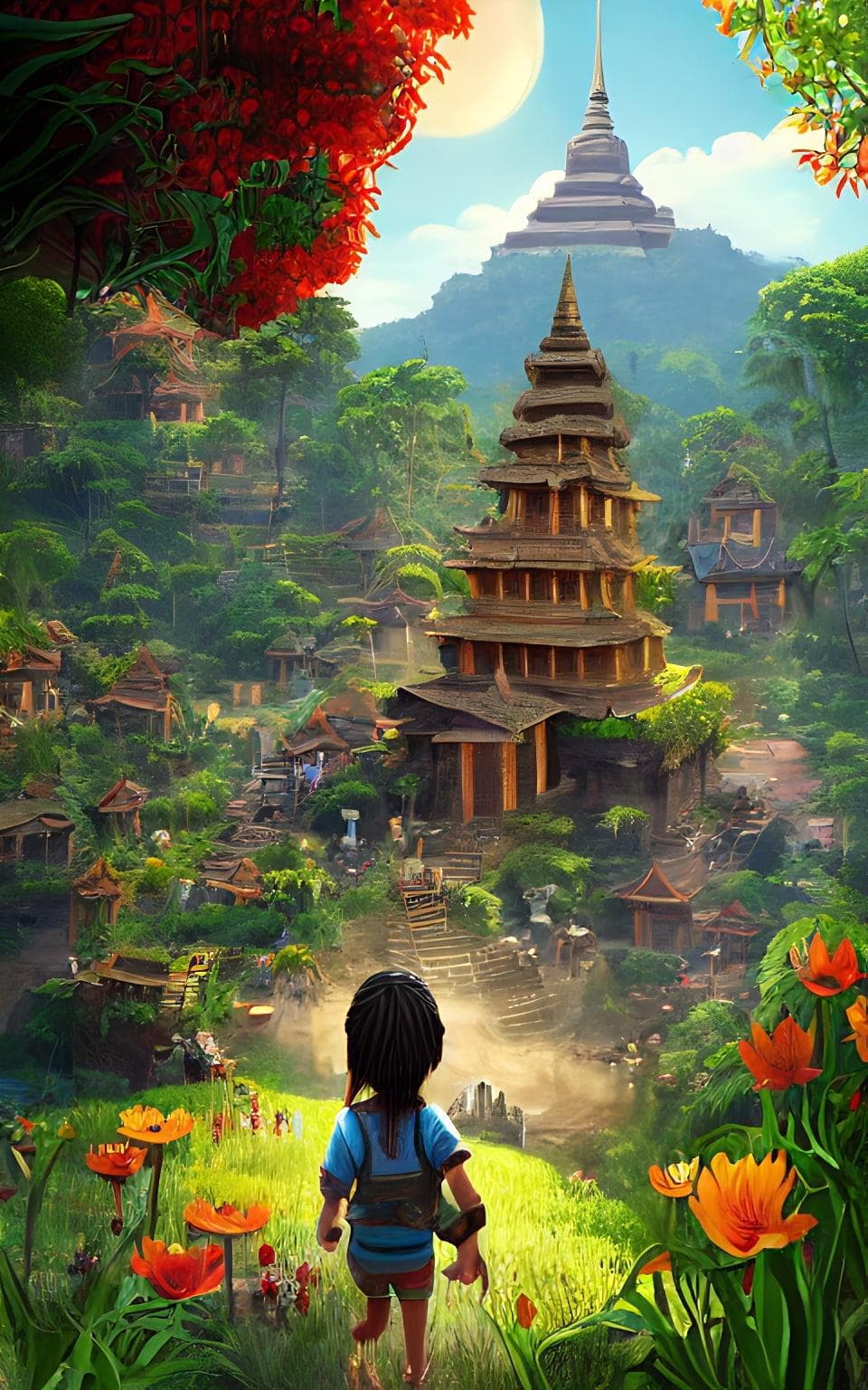 The book of life (2014) : the isometric tall box street view of old bamboo village girl dressed thai life in ancient chiangmai town sunshine peacock the background doi inthanon mountain temple water fall