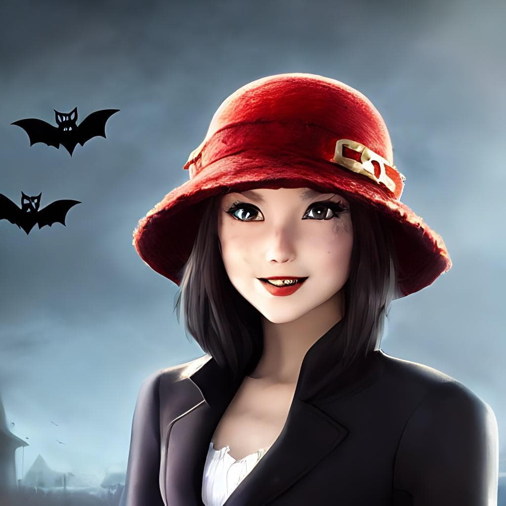 The Personification Of The Halloween Holiday In The Form Of A Cute Girl With Short Hair And A Villain's Smile