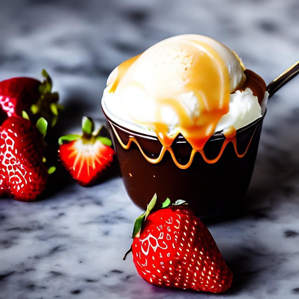 Vanilla ice cream inside a cup dripping with chocolate sauce and caramel syrup with bananas and strawberries on top