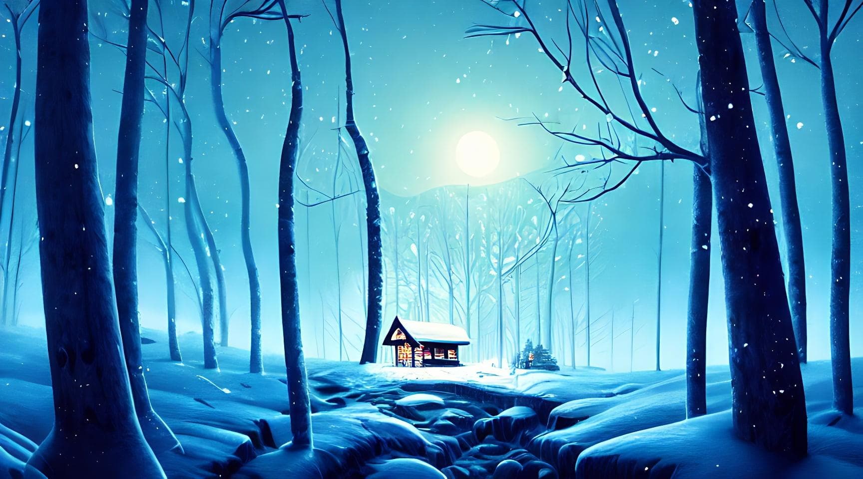 Winter Forest Cabin During A Moonlight Blizzard