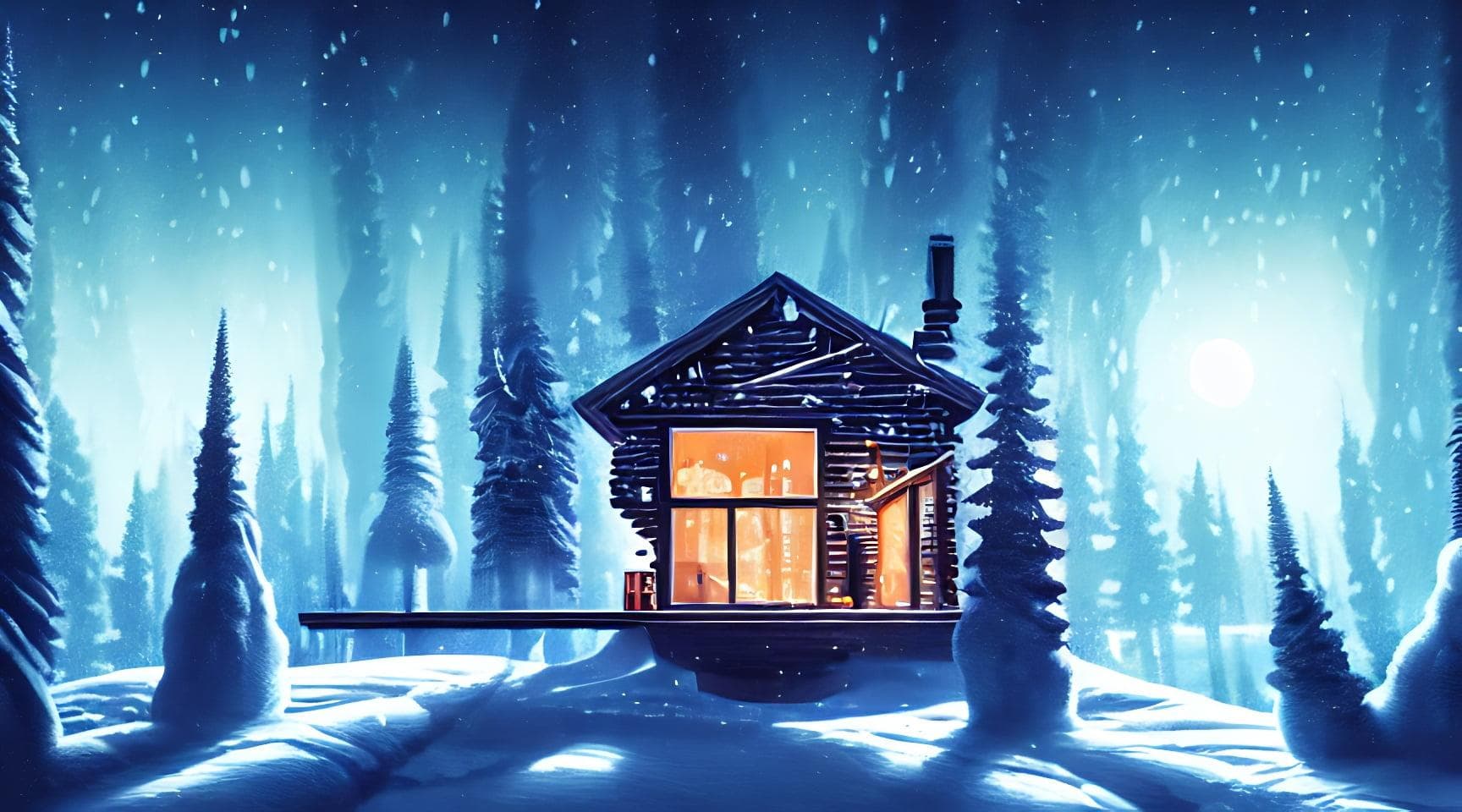 Winter Forest Cabin During A Moonlight Blizzard