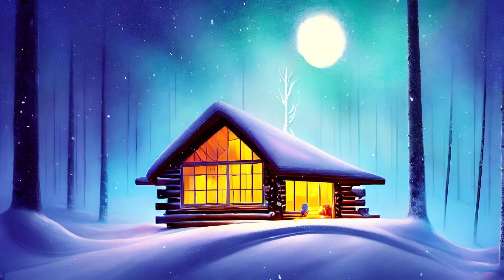 Winter Forest Cabin During A Moonlight Blizzard