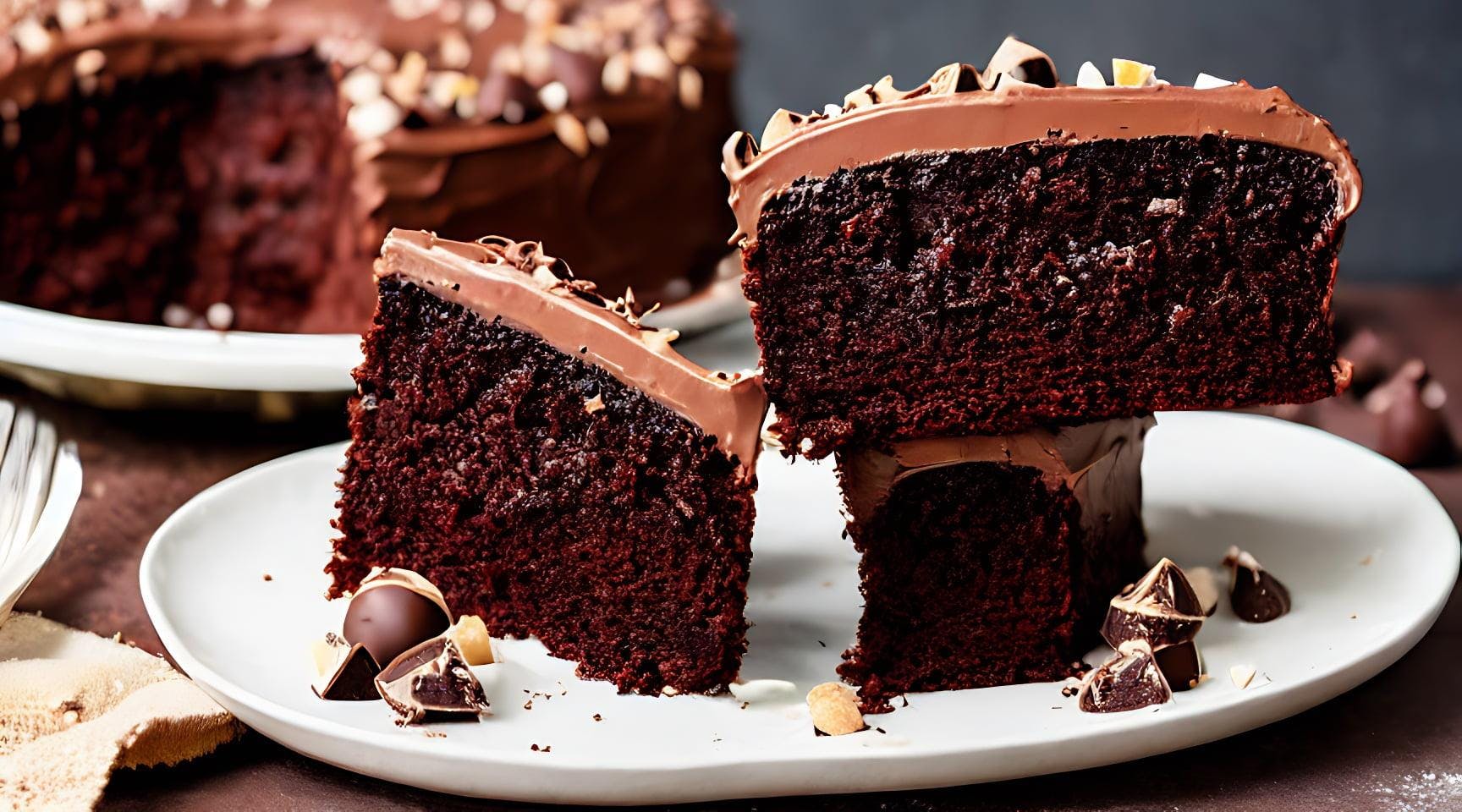 A Delicious Looking Chocolate Cake Nicely Decorated With Chunks Of Chocolate