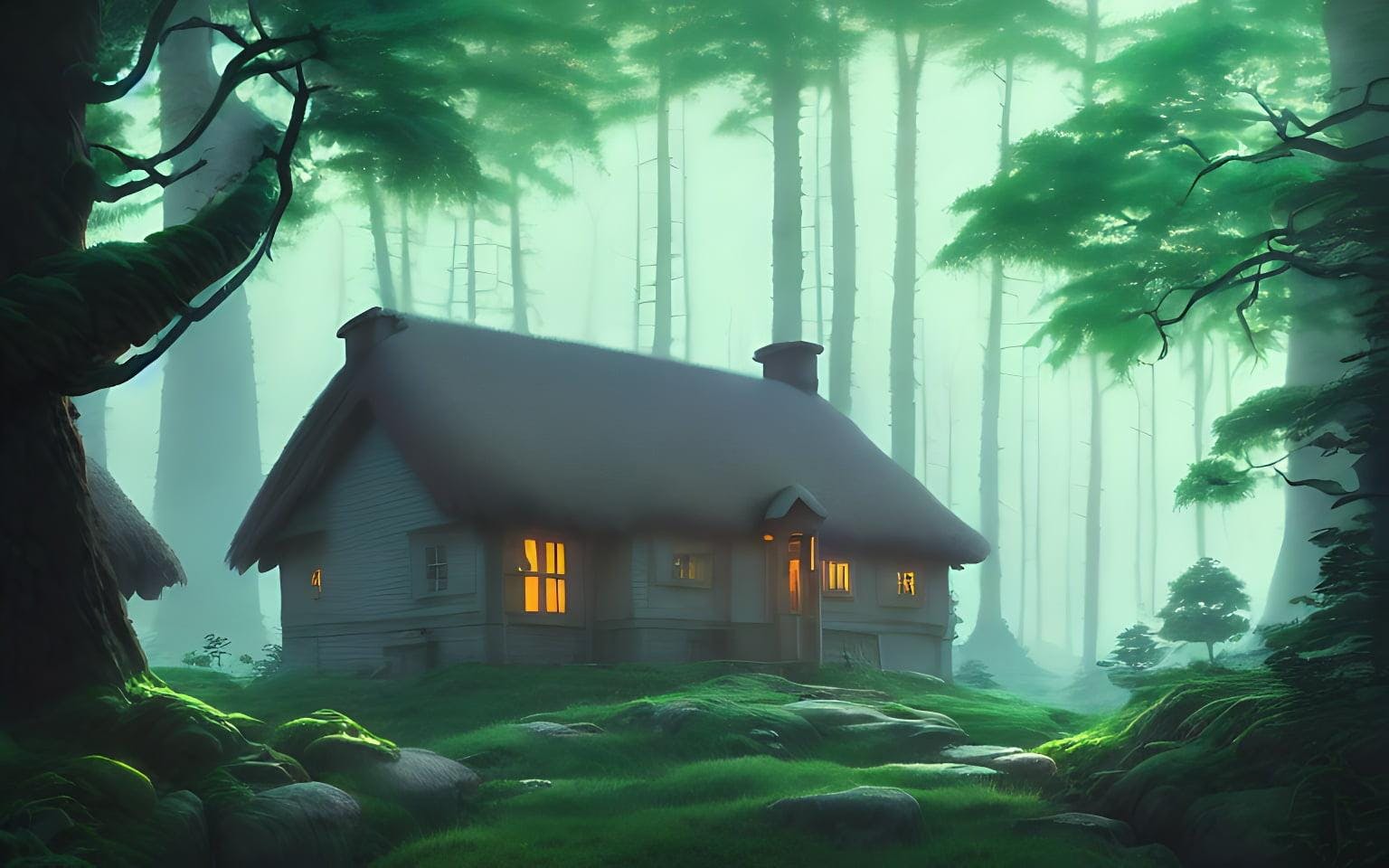 A Highly Detailed Matte Painting Of Cottage In A Dark Forest