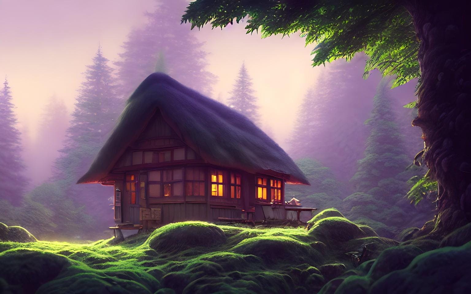 A Highly Detailed Matte Painting Of Cottage In A Dark Forest