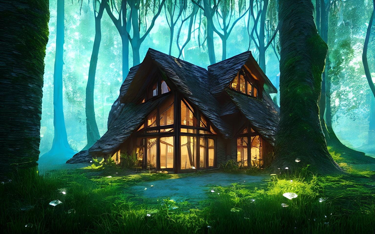 A house made of glass in a beautiful fantasy forest