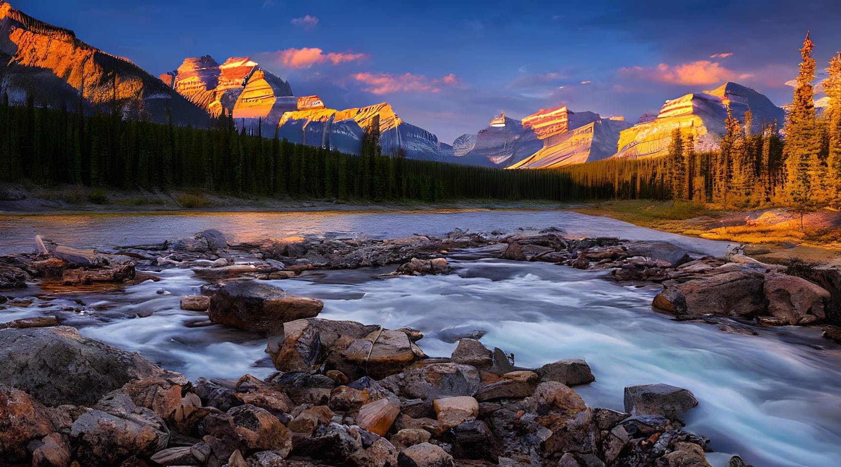 A photo of the bow river at sunset in banff national park in alberta