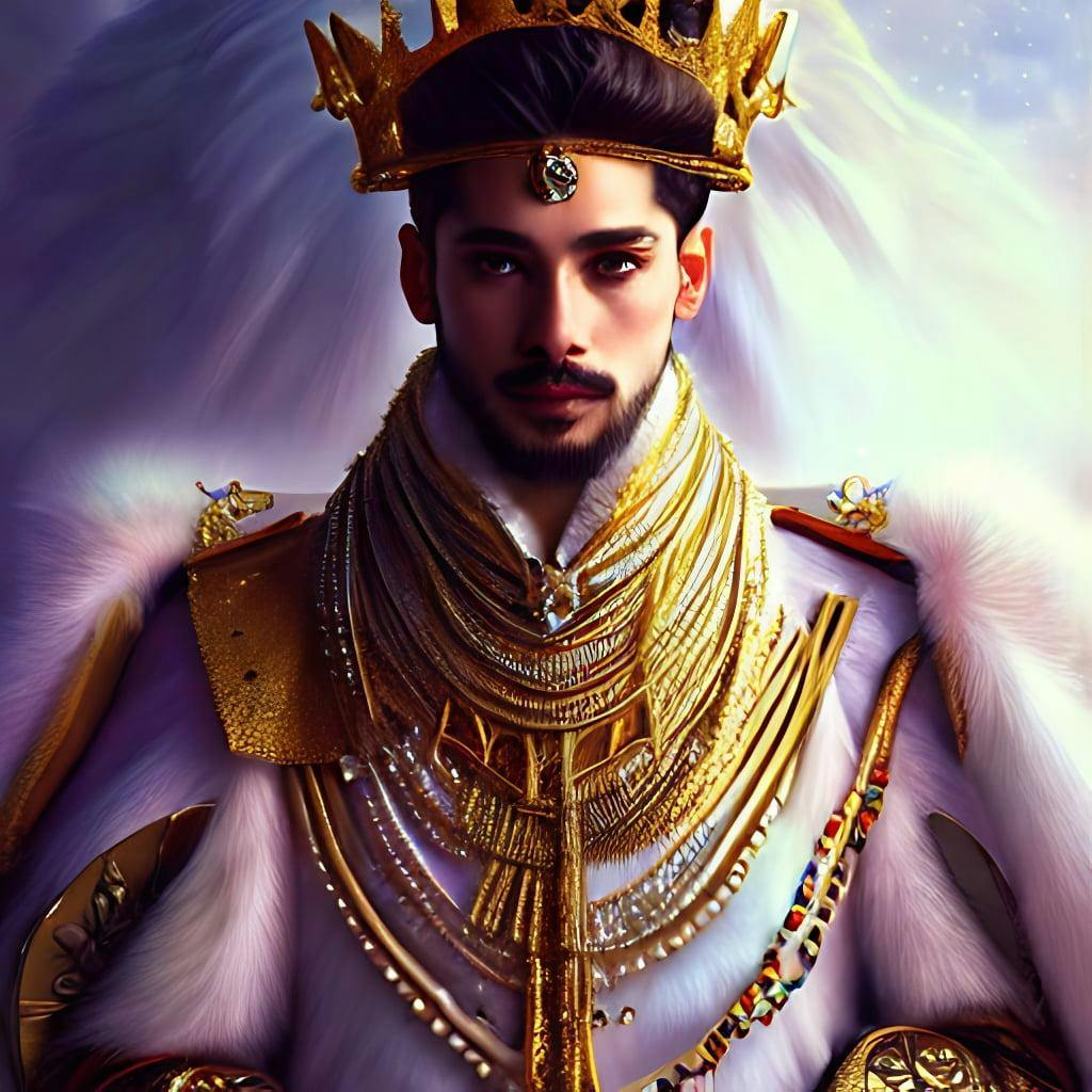 A Realistic Transmasculine King With Decorated Clothes  Made Of White Pearls And White Plumes Of Swan