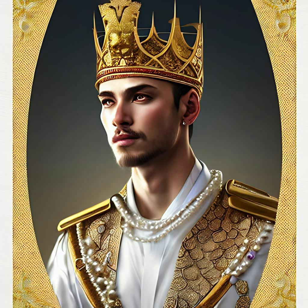 A Realistic Transmasculine King With Decorated Clothes  Made Of White Pearls And White Plumes Of Swan