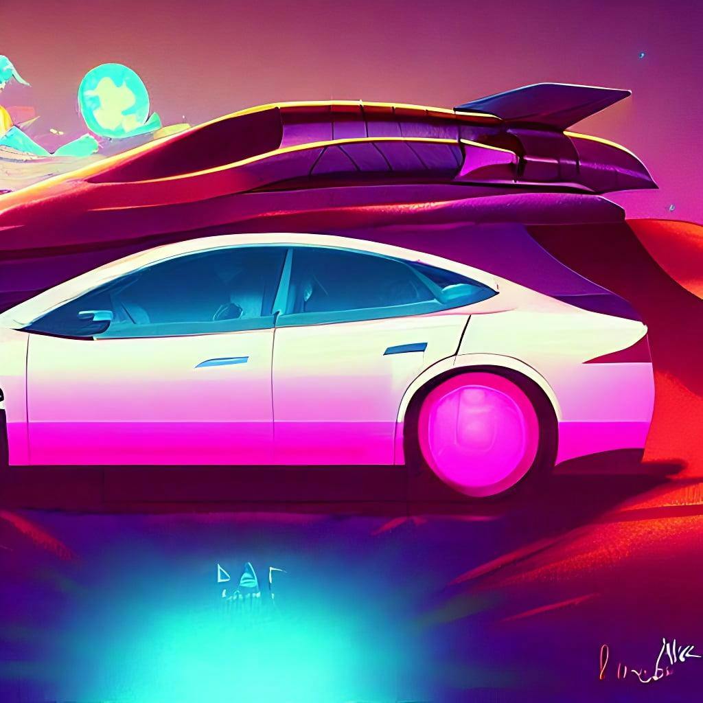 An Retrowave Cyberpunk Tesla On The Mars