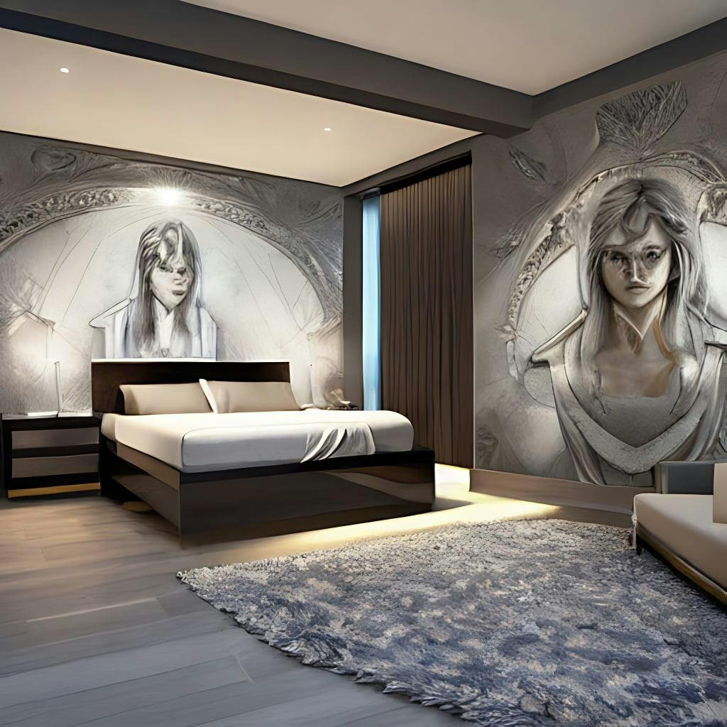 Bedroom Interior Of A Modern House With Glassy Stone Furniture