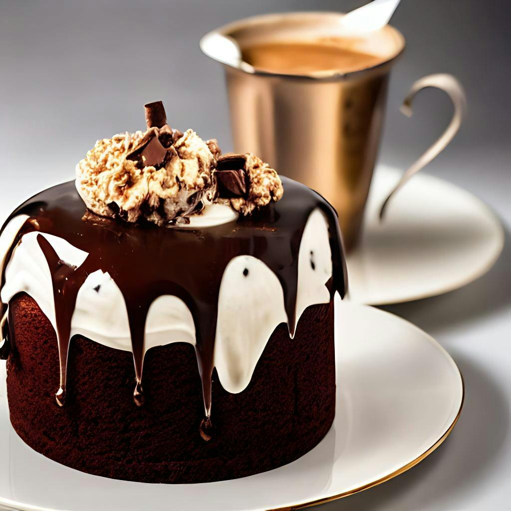 Cinematic Dramatic Lights Movie Shot Of Ultra Realistic Catalog Photo Of A Cup Full Of Sweet Goloso Pasticceria Chocolate Ice Cream Cake With A Coffee - Praline Twist Cream Bigne In With Rich Details In Luxury Cup And Plates