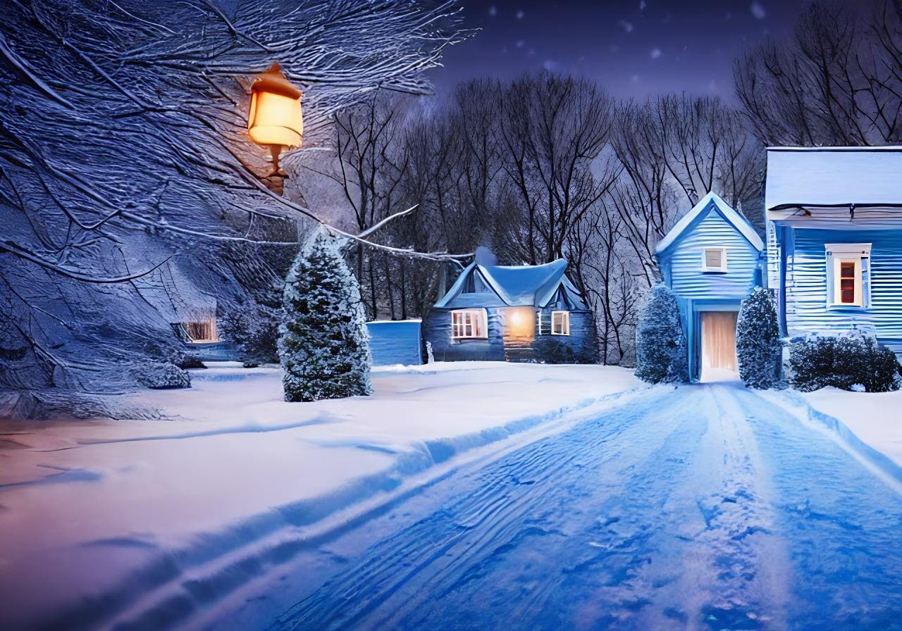 Cold frigid winter night in a small cottage with a atomospheric blue hazy hue midnight before christmas cinematic scene by shaddy safadi and thomas kinkade
